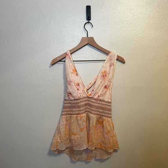 Free People Floral Halter Tank Top - Pink and Orange Brinkley Smocked - Picture 2 of 13